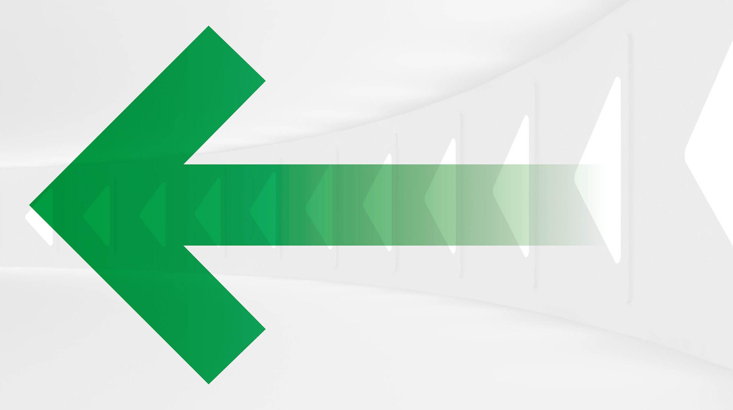 Large green arrow pointing to the right, on a white and grey background